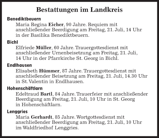 Traueranzeige von Bestattungen vom 21.07.2023 von Süddeutsche Zeitung