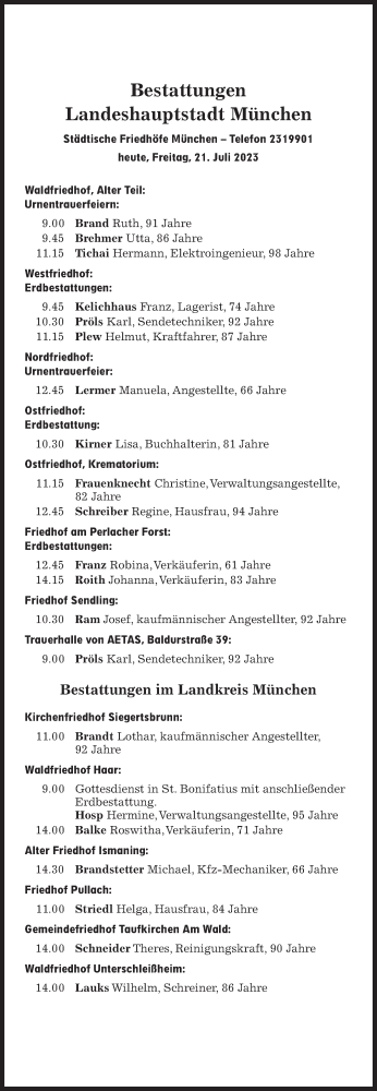 Traueranzeige von Bestattungen vom 21.07.2023 von Süddeutsche Zeitung