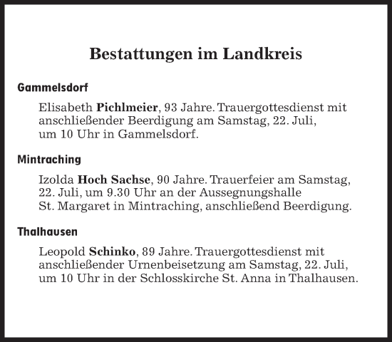 Traueranzeige von Bestattungen vom 22.07.2023 von Süddeutsche Zeitung