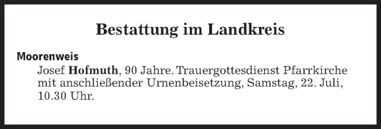 Traueranzeige von Bestattungen vom 22.07.2023 von Süddeutsche Zeitung