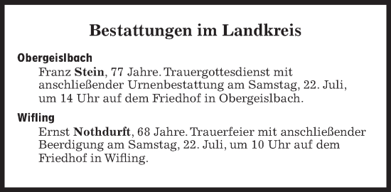 Traueranzeige von Bestattungen vom 22.07.2023 von Süddeutsche Zeitung