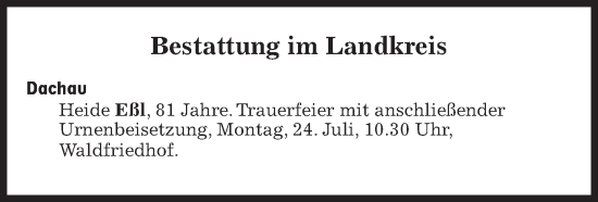 Traueranzeige von Bestattungen vom 24.07.2023 von Süddeutsche Zeitung