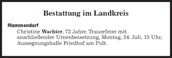 Traueranzeige von Bestattungen vom 24.07.2023 von Süddeutsche Zeitung