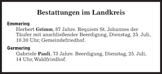 Traueranzeige von Bestattungen vom 25.07.2023 von Süddeutsche Zeitung