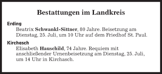 Traueranzeige von Bestattungen vom 25.07.2023 von Süddeutsche Zeitung