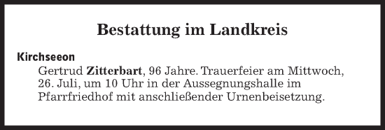 Traueranzeige von Bestattungen vom 26.07.2023 von Süddeutsche Zeitung