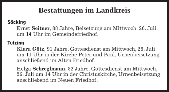 Traueranzeige von Bestattungen vom 26.07.2023 von Süddeutsche Zeitung