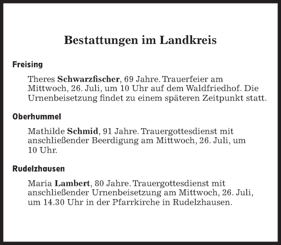 Traueranzeige von Bestattungen vom 26.07.2023 von Süddeutsche Zeitung