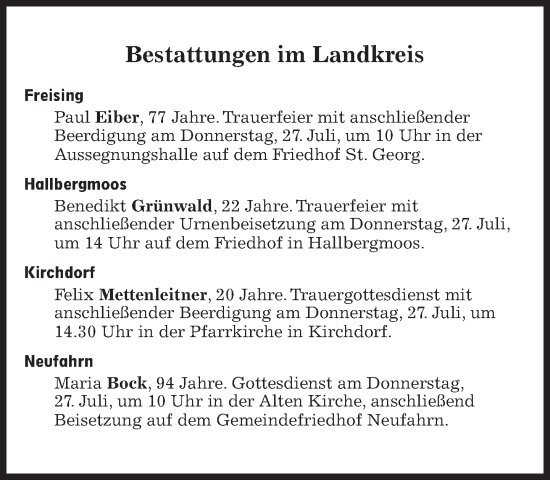 Traueranzeige von Bestattungen vom 27.07.2023 von Süddeutsche Zeitung