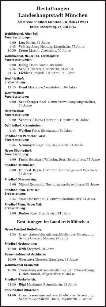 Traueranzeige von Bestattungen vom 27.07.2023 von Süddeutsche Zeitung