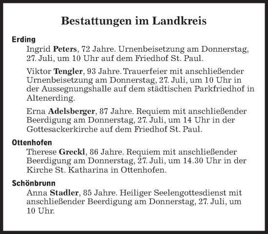 Traueranzeige von Bestattungen vom 27.07.2023 von Süddeutsche Zeitung