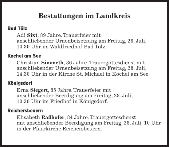 Traueranzeige von Bestattungen vom 28.07.2023 von Süddeutsche Zeitung