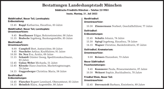 Traueranzeige von Bestattungen vom 31.07.2023 von Süddeutsche Zeitung