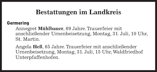 Traueranzeige von Bestattungen vom 31.07.2023 von Süddeutsche Zeitung