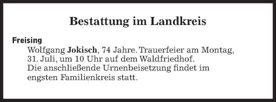 Traueranzeige von Bestattungen vom 31.07.2023 von Süddeutsche Zeitung