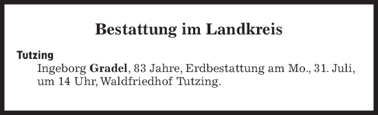 Traueranzeige von Bestattungen vom 31.07.2023 von Süddeutsche Zeitung