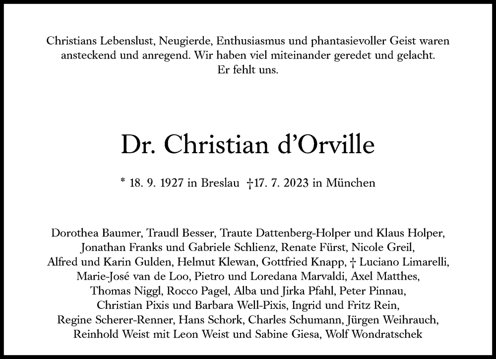 Traueranzeige für Christian d’Orville vom 29.07.2023 aus Süddeutsche Zeitung
