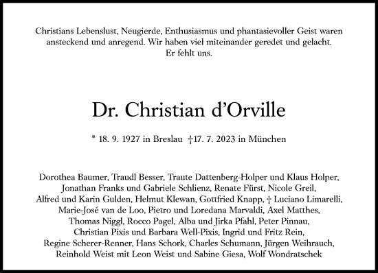 Traueranzeige von Christian d’Orville von Süddeutsche Zeitung