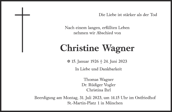 Traueranzeige von Christine Wagner von Süddeutsche Zeitung