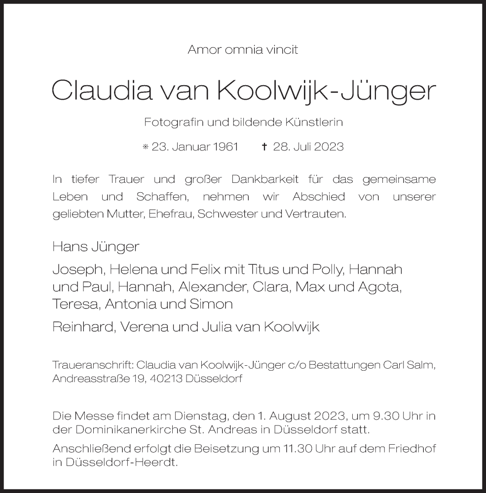  Traueranzeige für Claudia van Koolwijk-Jünger vom 29.07.2023 aus Süddeutsche Zeitung