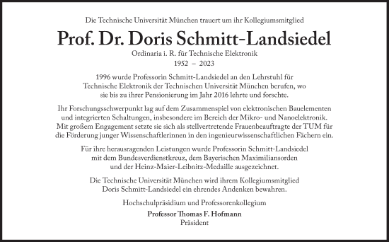 Traueranzeige von Doris Schmitt-Landsiedel von Süddeutsche Zeitung