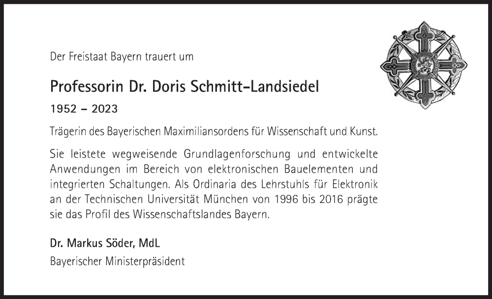  Traueranzeige für Doris Schmitt-Landsiedel vom 08.07.2023 aus Süddeutsche Zeitung