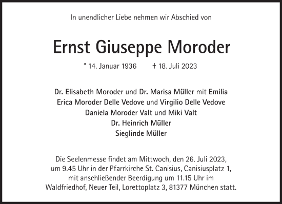Traueranzeige von Ernst Giuseppe Moroder von Süddeutsche Zeitung