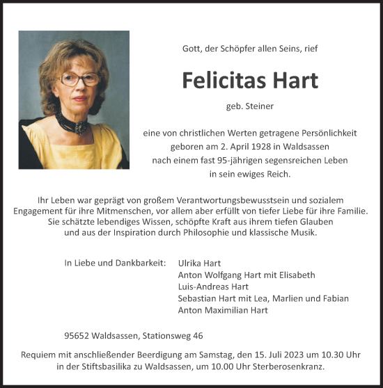 Traueranzeige von Felicitas Hart von Süddeutsche Zeitung