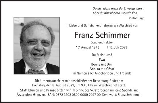 Traueranzeige von Franz Schimmer von Süddeutsche Zeitung