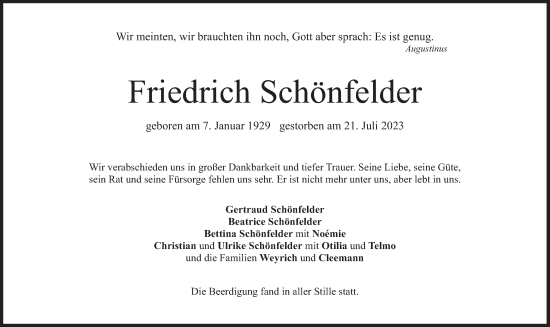 Traueranzeige von Friedrich Schönfelder von Süddeutsche Zeitung