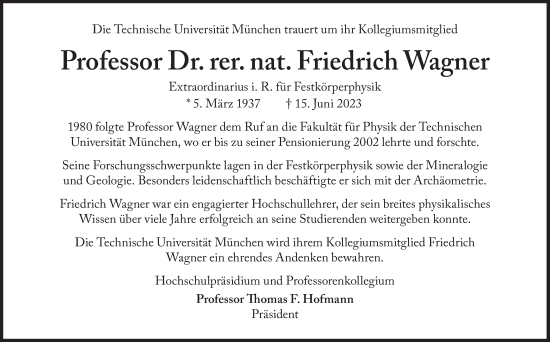 Traueranzeige von Friedrich Wagner von Süddeutsche Zeitung