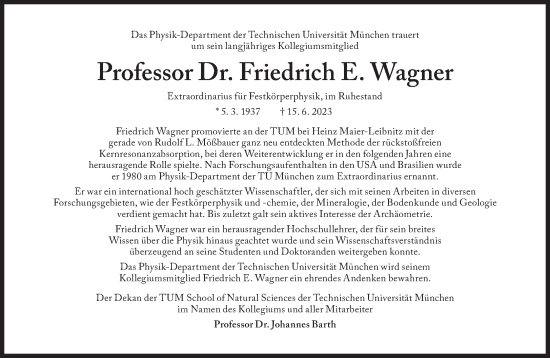 Traueranzeige von Friedrich E. Wagner von Süddeutsche Zeitung