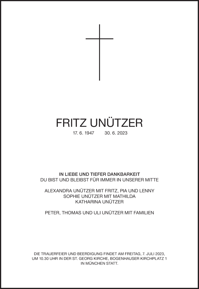  Traueranzeige für Fritz Unützer vom 05.07.2023 aus Süddeutsche Zeitung