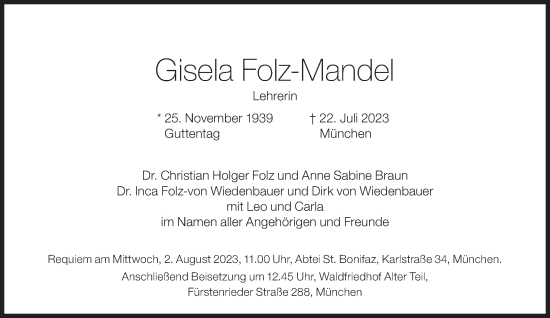Traueranzeige von Gisela Folz-Mandel von Süddeutsche Zeitung