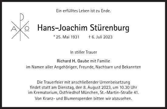 Traueranzeige von Hans-Joachim Stürenburg von Süddeutsche Zeitung