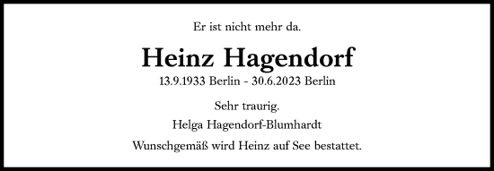 Traueranzeige von Heinz Hagendorf von Süddeutsche Zeitung