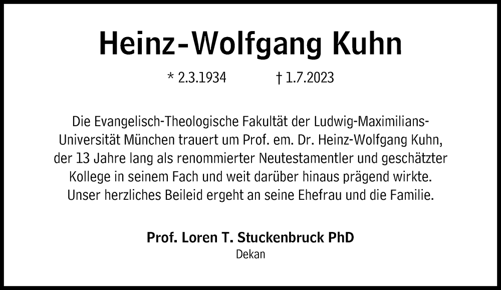  Traueranzeige für Heinz-Wolfgang Kuhn vom 08.07.2023 aus Süddeutsche Zeitung