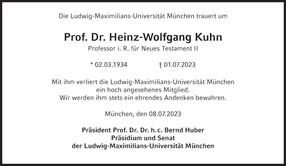  Traueranzeige für Heinz-Wolfgang Kuhn vom 08.07.2023 aus Süddeutsche Zeitung