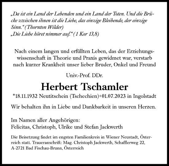 Traueranzeige von Herbert Tschamler von Süddeutsche Zeitung