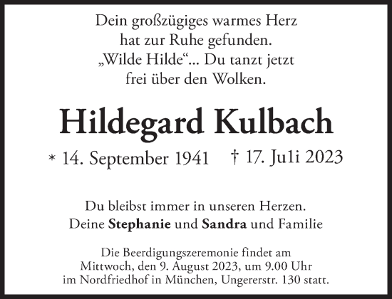Traueranzeige von Hildegard Kulbach von Süddeutsche Zeitung