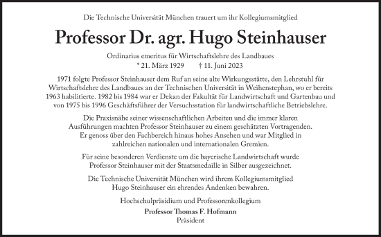 Traueranzeige von Hugo Steinhauser von Süddeutsche Zeitung
