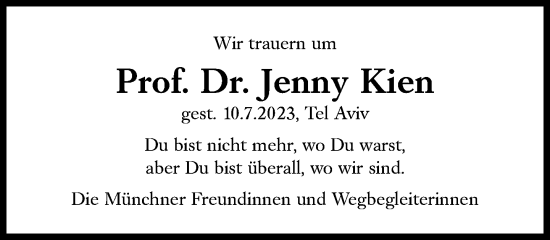 Traueranzeige von Jenny Kien von Süddeutsche Zeitung