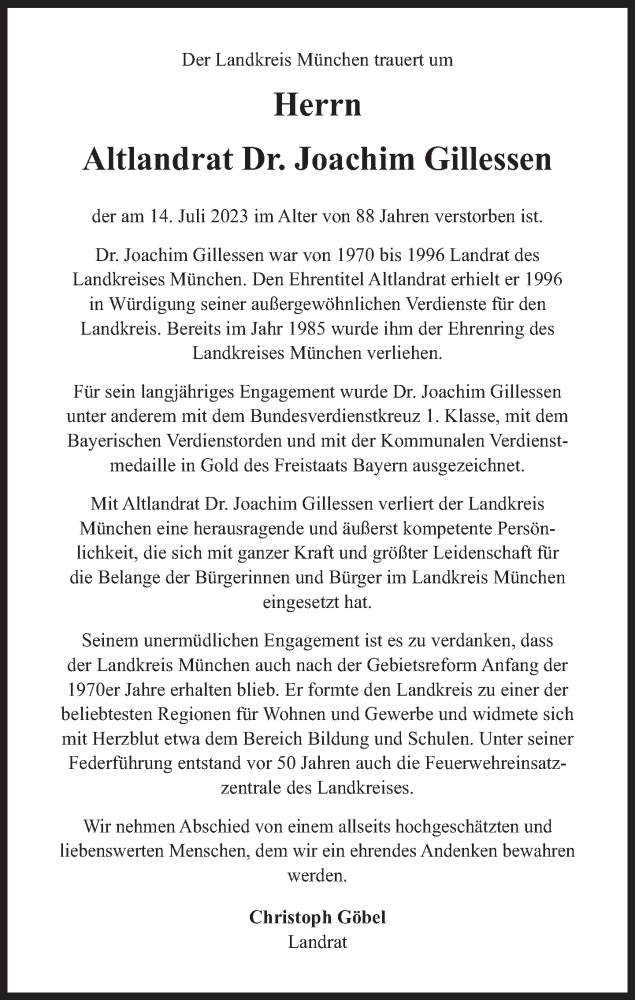  Traueranzeige für Joachim Gillessen vom 19.07.2023 aus Süddeutsche Zeitung