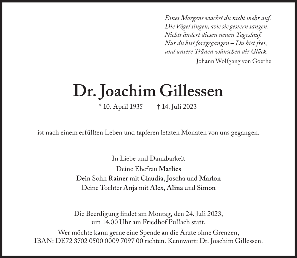  Traueranzeige für Joachim Gillessen vom 19.07.2023 aus Süddeutsche Zeitung