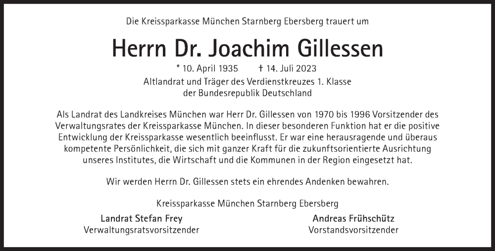  Traueranzeige für Joachim Gillessen vom 21.07.2023 aus Süddeutsche Zeitung