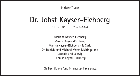 Traueranzeige von Jobst Kayser-Eichberg von Süddeutsche Zeitung