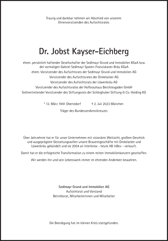  Traueranzeige für Jobst Kayser-Eichberg vom 15.07.2023 aus Süddeutsche Zeitung