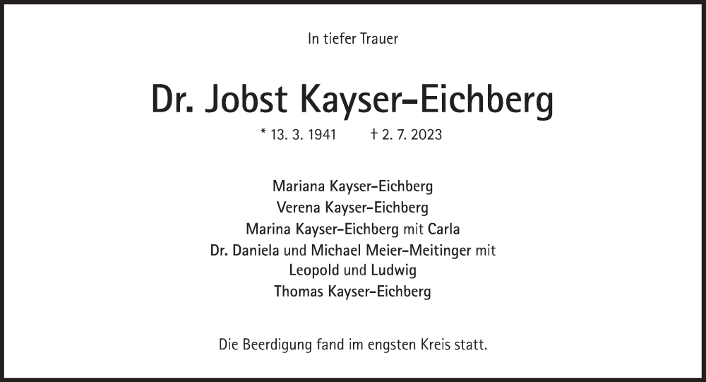  Traueranzeige für Jobst Kayser-Eichberg vom 15.07.2023 aus Süddeutsche Zeitung