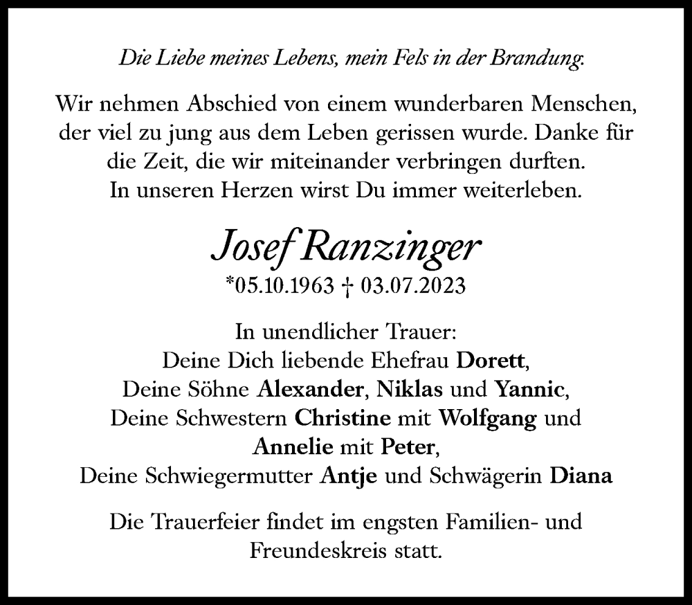  Traueranzeige für Josef Ranzinger vom 08.07.2023 aus Süddeutsche Zeitung