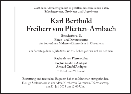 Traueranzeige von Karl Berthold Freiherr von Pfetten-Arnbach von Süddeutsche Zeitung